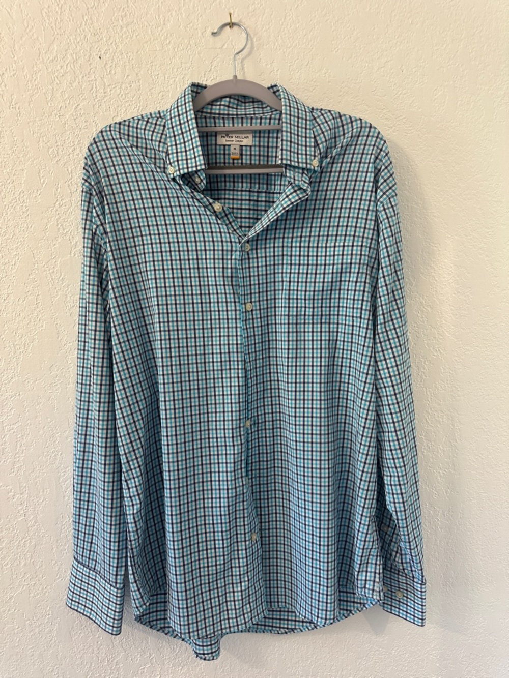 Peter Millar Men’s Teal and Navy Checked Button-Down Shirt